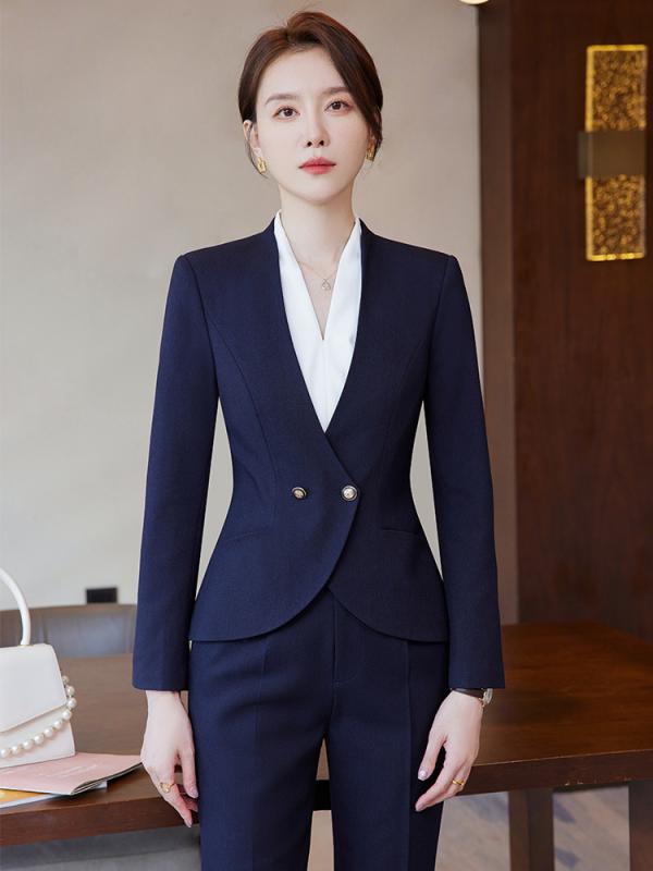 セットアップ レディース 秋冬 通勤 接客 美容院 事務服 ユニフォーム 高級感 上品 エレガント ノーカラー 襟なし 長袖 パンツ スカート ブラウス ネイビー ダークレッド ホワイト ポリエステル ボタン トップス ボトムス フォーマル