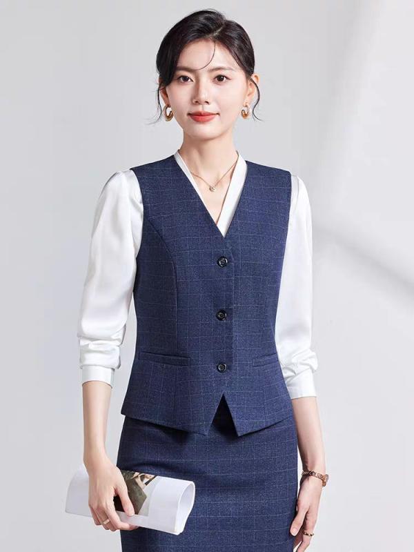 セットアップ レディース ベスト ジレ フォーマル 正装 事務服 制服 ビジネス 通勤 仕事着 銀行 営業 管理職 パンツスーツ スカートスーツ 礼服 春秋 Vネック ストライプ チェック スリム フィット ポケット ボタン ポリエステル 高級感 ブラッ