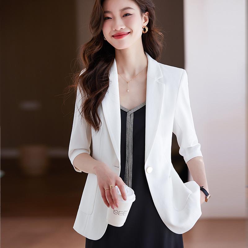 Pants Suit - セットアップ レディース テーラードジャケット ワンピース 五分袖 アウター 春夏 通勤 事務服 仕事着 きれいめ 上品 形態安定 ポリエステル 無地 スリム ショート丈 ポケット ボタン 白 青 黒
