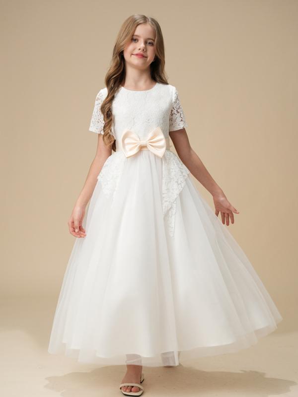 ドレス 女の子 キッズ 子供 ワンピース フォーマル 発表会 結婚式 誕生日 チュール パニエ ボリューム シフォン リボン 白 ホワイト 春夏 綿 コットン ポリエステル 欧米風 かわいい 上品 清楚 フレアスカート