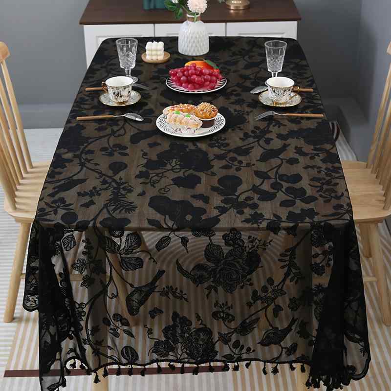 テーブルクロス 長方形 北欧風 レース モダン シンプル ブラック 黒 花鳥 動物 かわいい おしゃれ ポリエステル 防塵 滑り止め 装飾 インテリア ダイニング リビング 机 現代的 高級感 ファブリック マルチカバー