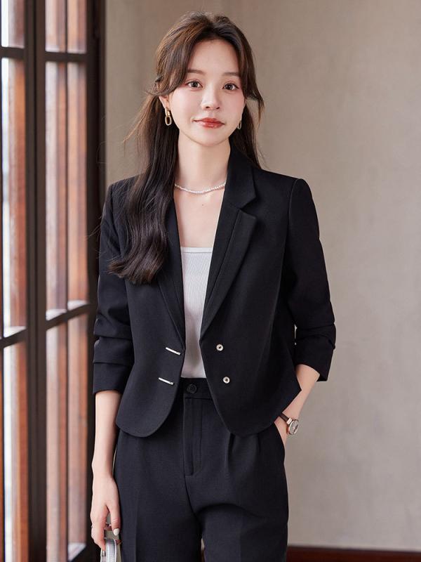 Women's Spring/Autumn Suit Set: Black/Ivory Tailored Jacket (Short Length) and Wide-Leg Pants. Suitable for commuting, office wear, and everyday casual occasions. Features a clean, simple design, made of stretchy polyester, and easy care. Cute and stylish.