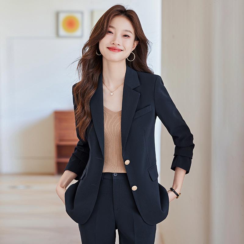 スーツ レディース セットアップ テーラードジャケット ロングパンツ 春秋 面接 通勤 オフィス ビジネス リクルート 事務服 正装 高級感 上品 ブラック ベージュ ネイビー 無地 ストレッチ 伸縮性 ポリエステル