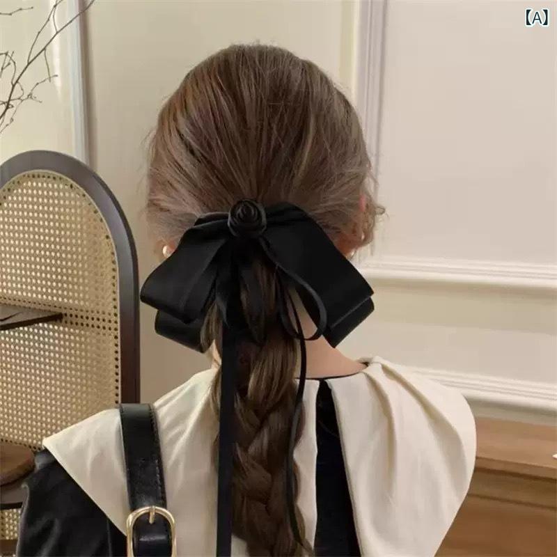バレッタ レディース ヘアクリップ カメリア 山茶花 ロングリボン 蝶結び 黒 ブラ...