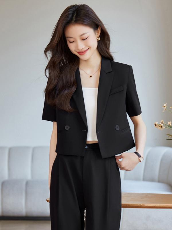 Suits For Job Interviews - セットアップ レディース スーツ パンツスーツ テーラードジャケット 上下セット 半袖 九分丈 クロップドパンツ 通勤 オフィス ビジネス きれいめ フォーマル 無地 ポケット ノーアイロン 高級感 素材 ポリエステル 春夏 イエロー グレー