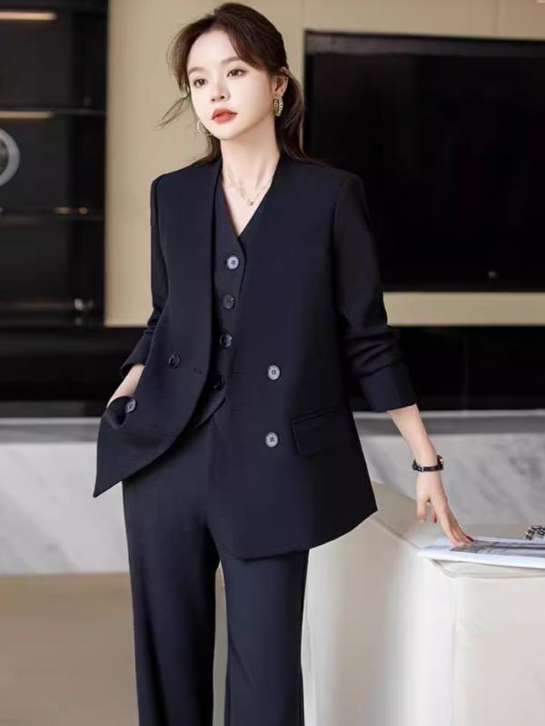 パンツスーツ レディース セットアップ 3点セット ジャケット ベスト ロングパンツ 秋冬 通勤 オフィス 事務服 仕事着 上品 高級感 ポリエステル 無地 ブラック アプリコット ライトブルー フォーマル 30代