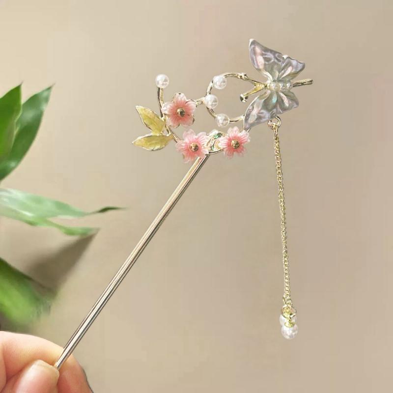 ・カテゴリ: ヘアアクセサリー・タイプ: かんざし・スタイル: レトロ、和風・主な素材: 合金・: 花、スズラン、蝶・加工: メッキ・カラー展開: パープル