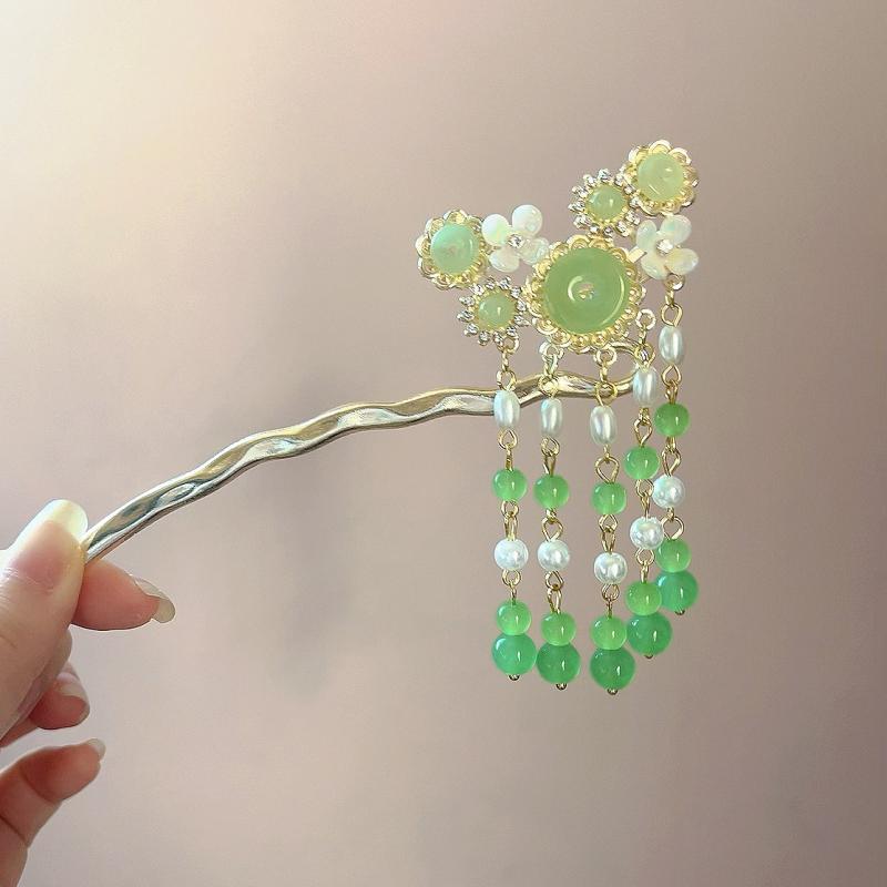 Rakuten - かんざし レディース 春夏 翡翠風 エメラルドグリーン 花 タッセル 揺れる アンティーク 中華 ヘアアクセサリー 髪飾り 高級感 電気メッキ加工 合金 和装 着物 浴衣 結婚式 成人式 普段使い 上品 華やか