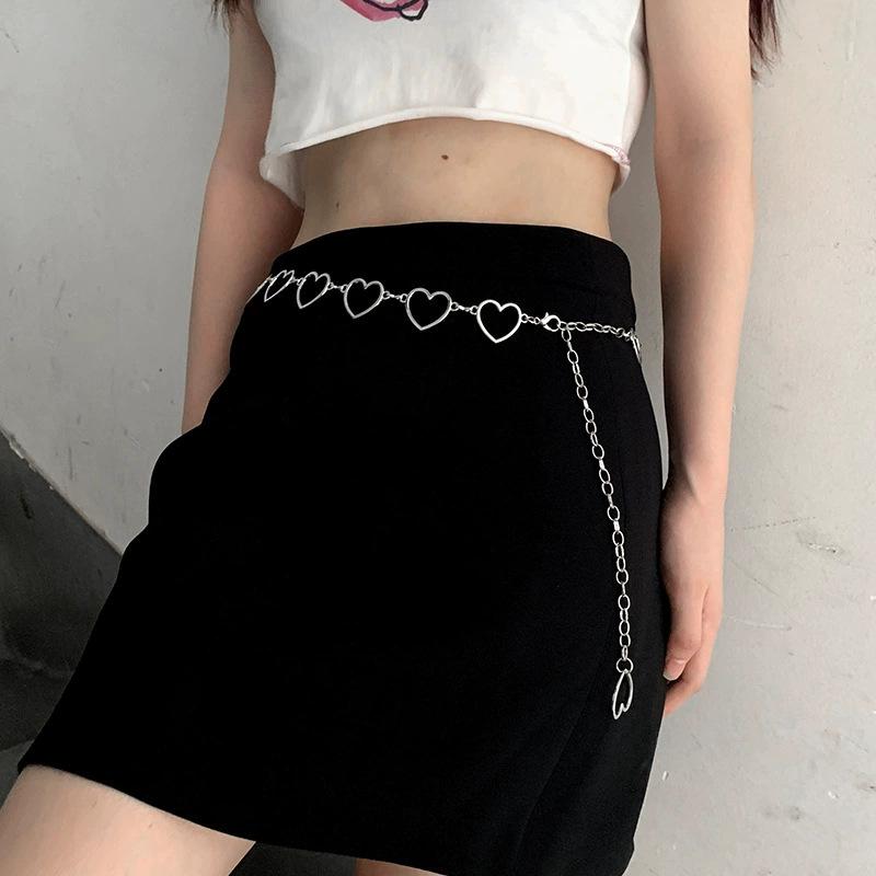 ウエストチェーン メンズ レディース シルバー メタルベルト ハート 透かし 原宿系 タッセル フリンジ アクセサリー パンク ロック ストリート カジュアル ワンピース デニム パンツ 高級感 オールシーズン