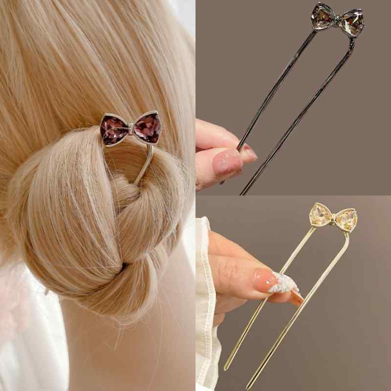 髮簪 - かんざし レディース ヘアアクセサリー リボン クリスタル ラインストーン U字ピン コーム まとめ髪 上品 エレガント 大人 かわいい 電気メッキ加工 合金 パープル ガンブラック ゴールド 結婚式 パーティー 秋冬
