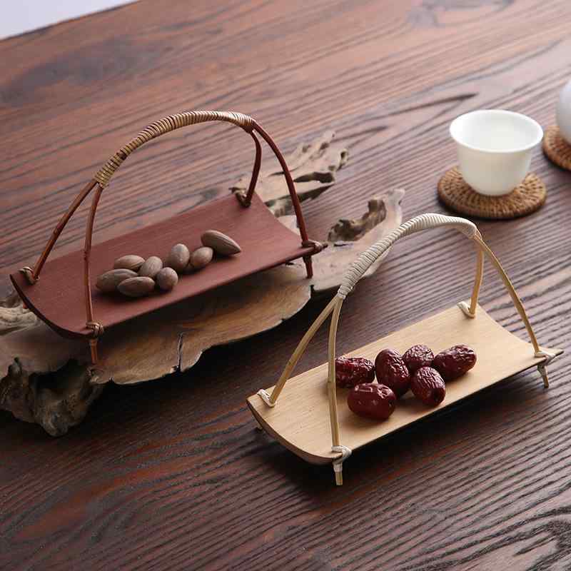 茶道具 竹製 トレー バスケット お盆 菓子器 プレート 小物入れ 手提げ 炭化 ナチュラル 和風 モダン ハンドル付 卓上 インテリア ゲスト おもてなし 果物 フルーツ 赤 バンブー おしゃれ 雑貨 キッチン用品