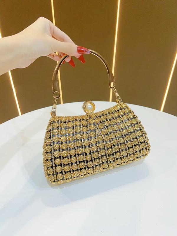 ハンドバッグ レディース 鞄 パーティー 結婚式 披露宴 二次会 チャイナドレス用 ヴィンテージ風 レトロ ラインストーン ビジュー 高級感 スクエア型 横長 チェーン 春夏 ブラック ゴールド シルバー 華やか
