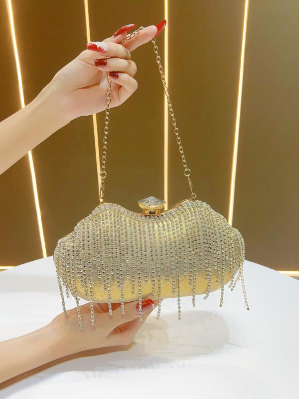 パーティーバッグ レディース クラッチ 鞄 カバン ラインストーン ビジュー フリンジ キラキラ チャイナドレス用 小さめ 結婚式 披露宴 二次会 春夏 ゴールド シルバー ブラック ポリエステル ボックス型 高級感 手持ち