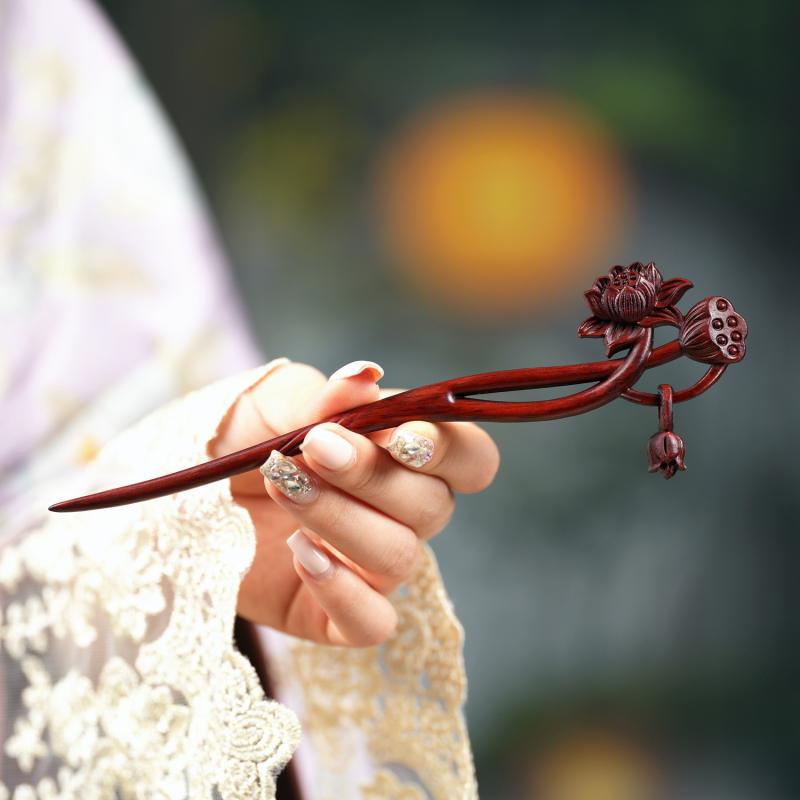 かんざし レディース 髪飾り 木製 蓮 エスニック レトロ アンティーク調 上品 高級感 紫檀 黒檀 浴衣 着物 普段使い 結婚式 お呼ばれ 禅 シンプル ヘアスティック アクセサリー かわいい オールシーズン