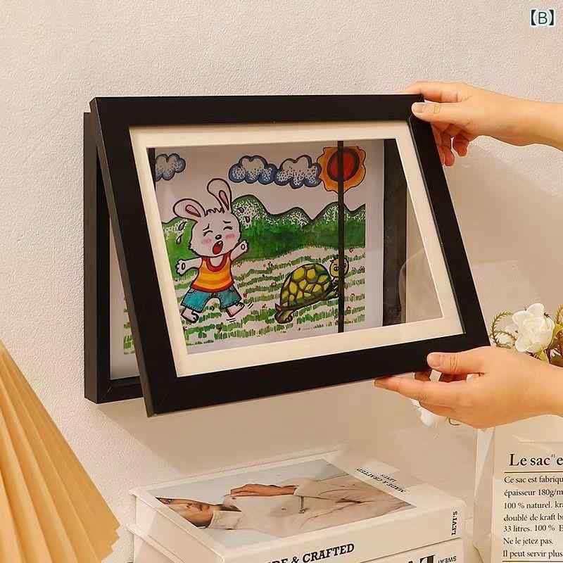 フォトフレーム 子供 男の子 女の子 マグネット式 フリップタイプ 前開き 木製 額縁 収納 写真立て 絵画 作品 A4 A3 ウッド 玄関 寝室 モダン シンプル ナチュラル 黒 白 インテリア ディスプレイ 壁掛け [2]