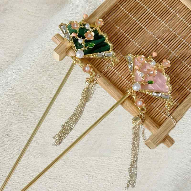 Rakuten - かんざし レディース 髪飾り ヘアアクセサリー 扇子 花 揺れる 和装小物 中華風 漢服 高級感 電気メッキ加工 合金 ピンク グリーン 結婚式 誕生日 お祭り 春夏 浴衣 着物 振袖