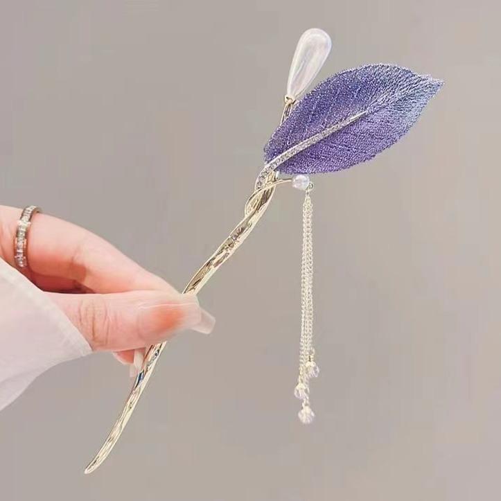 Ornamental Hairpin - ヘアアクセサリー レディース かんざし 紫 リーフ 葉 タッセル 揺れる 高級感 上品 エレガント レトロ 古風 漢服 普段使い お祭り 合金 ハンドメイド 秋冬 パープル 華やか シック 髪飾り プレゼント 贈り物