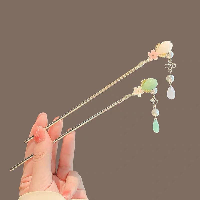 ・素材: 合金・スタイル: レトロ・: 花・加工: ハンドメイド・利用シーン: ギフト・カラー展開: ピンクホワイト、グリーンホワイト・種類: かんざし・カテゴリ: ヘアアクセサリー
