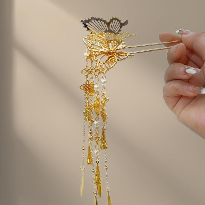 樂天商城 - かんざし レディース 揺れる 蝶 タッセル U字 中華風 高級感 ヘアアクセサリー ぶよう ピン アンティーク調 レトロ 電気メッキ加工 合金 ちょうちょ モチーフ 髪飾り 伝統的 浴衣 着物 パーティー 上品