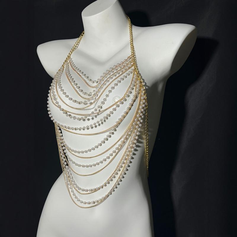 Other , Materials - ボディチェーン レディース 春夏 パール パール ハンドメイド ゴールド 欧米風 セクシー ビーチ 結婚式 旅行 幾何学 胸飾り アクセサリー 華やか きれいめ ビジュー プリンセス リゾート 水着 エレガント 高級感
