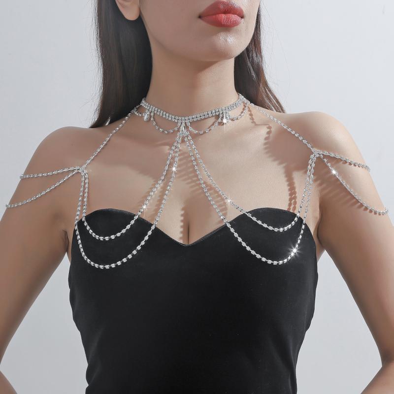 Necklaces, Braclets - ボディチェーン レディース ショルダーチェーン ネックレス ラインストーン ジルコニア フリンジ 胸元 電気メッキ加工 アクセサリー セクシー ゴールド シルバー ウェディング 結婚式 パーティー 春夏 高級感 二次会 発表会