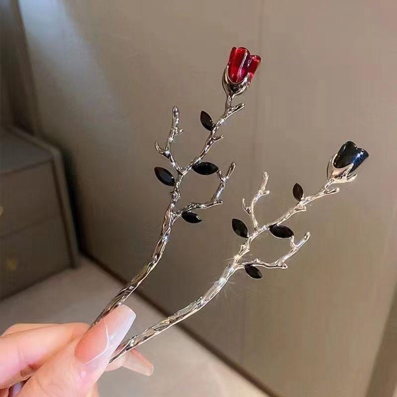 かんざし レディース 簪 髪飾り 薔薇 一輪 バラ ヘアアクセサリー ヘアピン 髪留め レトロ ヴィンテージ風 中華風 合金 ハンドメイド まとめ髪 お団子 ヘアアレンジ 浴衣 着物 パーティー レッド ブラック 春夏