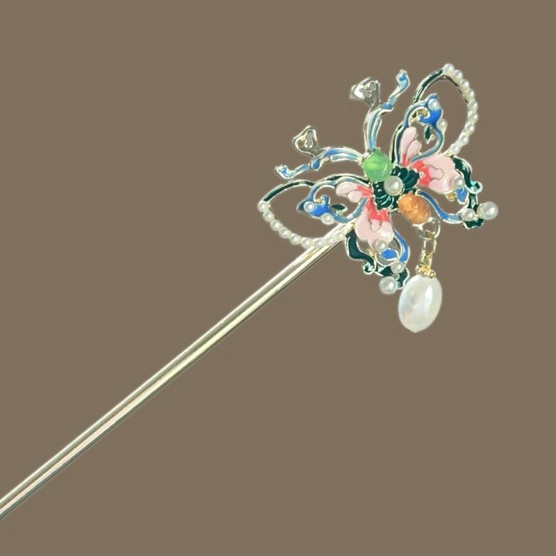 かんざし レディース 簪 髪飾り 蝶 パール パール エナメル 七宝焼き 高級感 中華 チャイナドレス レトロ ヴィンテージ風 民族調 アップスタイル 合金 電気メッキ加工 結婚式 お呼ばれ パーティー 秋冬 華やか エレガント