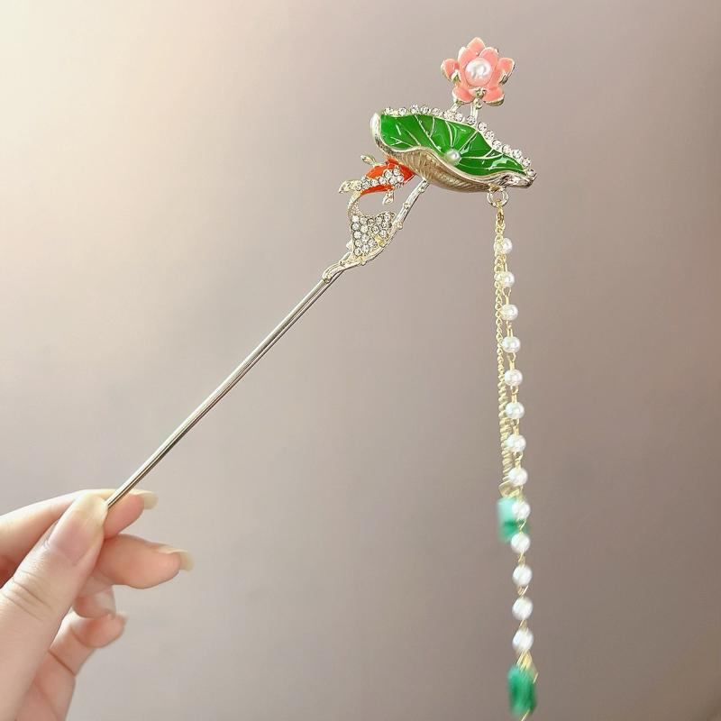 髮簪 - かんざし レディース 揺れる 蓮の葉 金魚 パール タッセル 髪飾り 和装 中華風 高級感 レトロ 清楚 涼しげ 電気メッキ加工 春夏 祭り 結婚式 お呼ばれ エレガント 上品 可憐 フェミニン きれいめ 大人