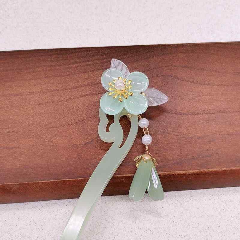 Rakuten - かんざし レディース アセテート繊維 スティック 緑 グリーン 花 フラワー モチーフ レトロ 中華風 和装 高級感 フリンジ タッセル 揺れる お団子ヘア アレンジ アップスタイル 飾り アクセサリー 結婚式 披露宴 パーティー 普段使い 髪留め 春夏
