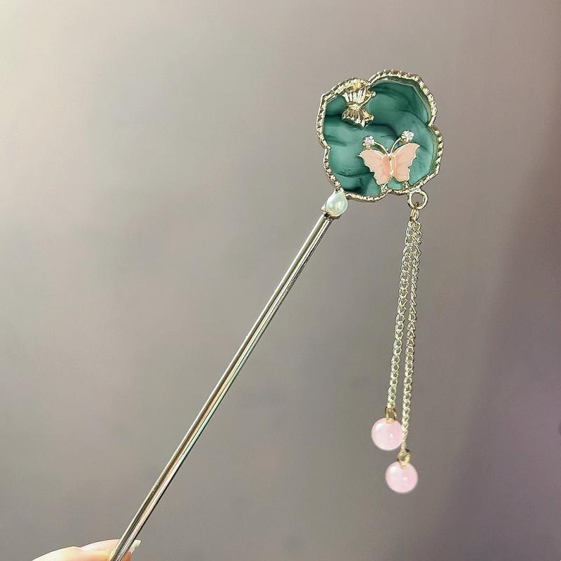 かんざし レディース 髪飾り ヘアアクセサリー 団扇 蝶 山水画 高級感 金属 電気メッキ加工 レトロ エレガント タッセル 揺れる 揺れ飾り 浴衣 着物 和装小物 結婚式 成人式 卒業式 パーティー 春夏