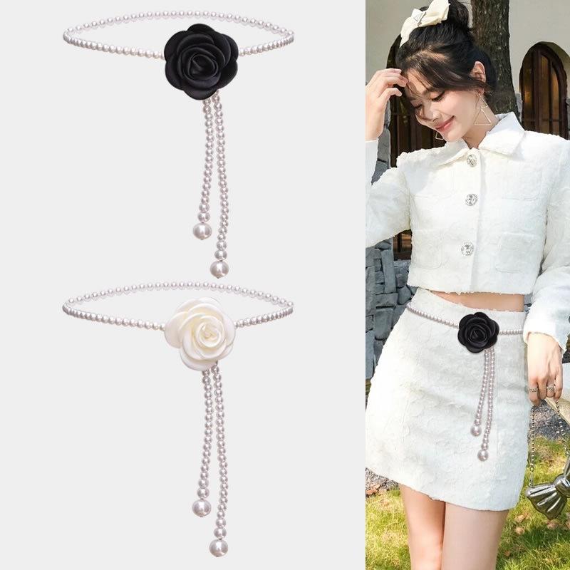 ベルト レディース ウエストチェーン アクセサリー カメリア フェイク 春夏 上品 高級感 華やか 細め ドレス ワンピース 普段使い パーティー 結婚式 きれいめ エレガント かわいい 黒 白