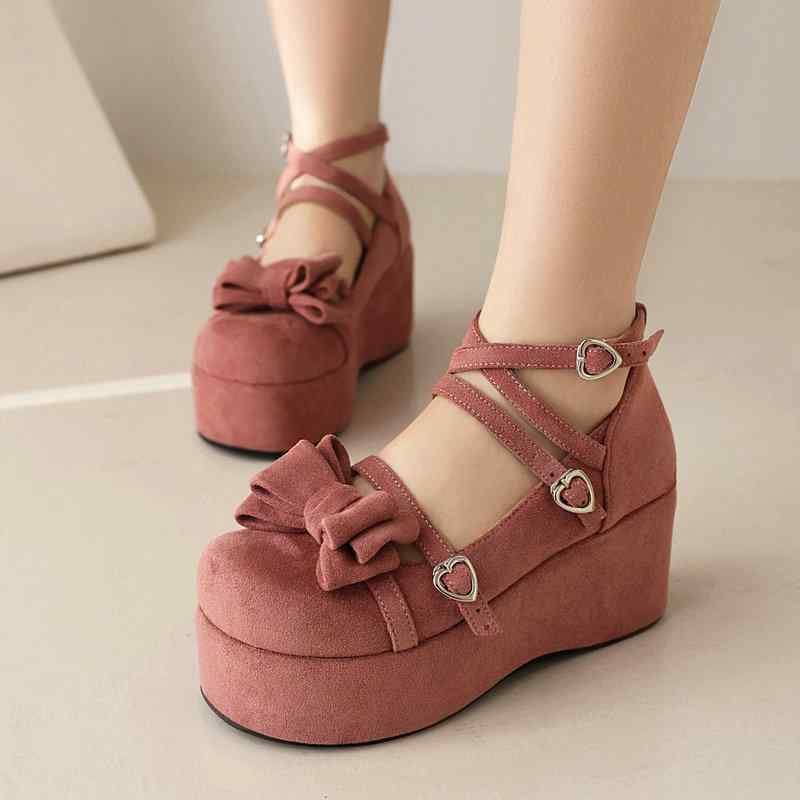 Shoes - パンプス レディース 厚底 ウェッジソール ハイヒール ラウンドトゥ スエード素材 リボン ストラップ付 ゴスロリ ロリータ かわいい 学生 通学 普段使い 美脚 安定感 ピンク ブラック 秋冬 歩きやすい