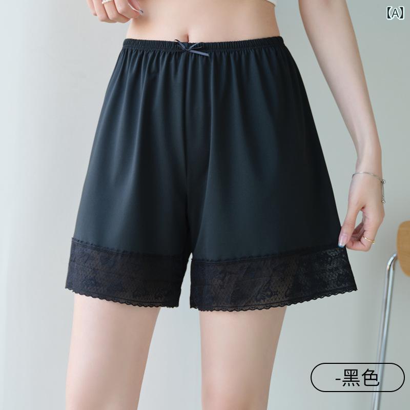 ペチパンツ レディース インナー ショート 下着 快適 透け防止 裾レース リボン ポリエステル 通気性 吸汗 薄手 ゆったり 股上深め 三分丈 重ね着 普段使い ルームウェア 春夏 ブラック ホワイト ベージュ