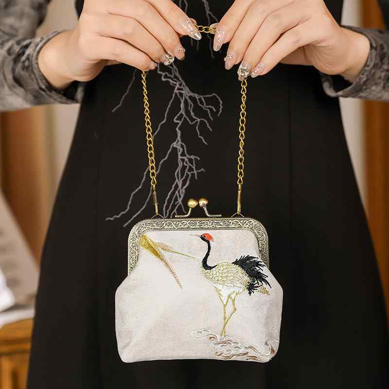 Other - 小銭入れ レディース 鞄 コインケース ミニポーチ ショルダー 肩掛け 刺繍 ポリエステル 高級感 チェーン ロック 横型 スクエア チャイナ レトロ ヴィンテージ風 和モダン 春夏 ツバメ 鶴 百合 パーティー 宴会 結婚式