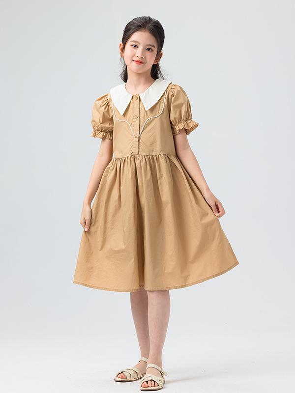 Dresses - ワンピース 女の子 キッズ 春夏 半袖 パフスリーブ ピーターパンカラー フレンチスタイル プリンセス ドレス 綿 コットン 柔らかい 快適 通気性 無地 キャメル 普段使い お出かけ 通園