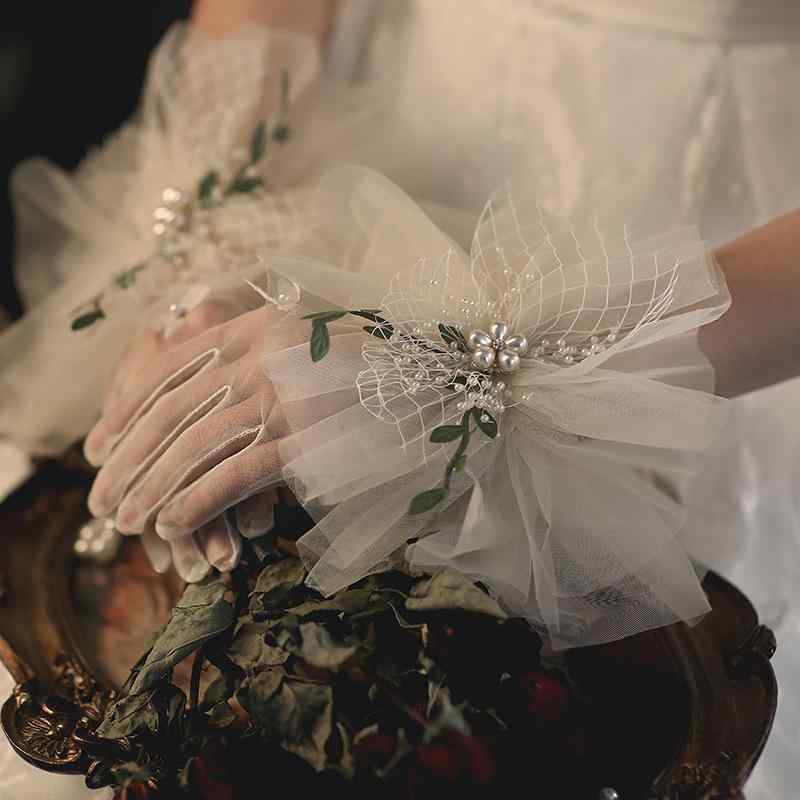 手袋 レディース ウェディング 結婚式 ブライダル シャンパン グリーン オールシーズン チュール シアー パール 花 フラワー 刺繍 シー..