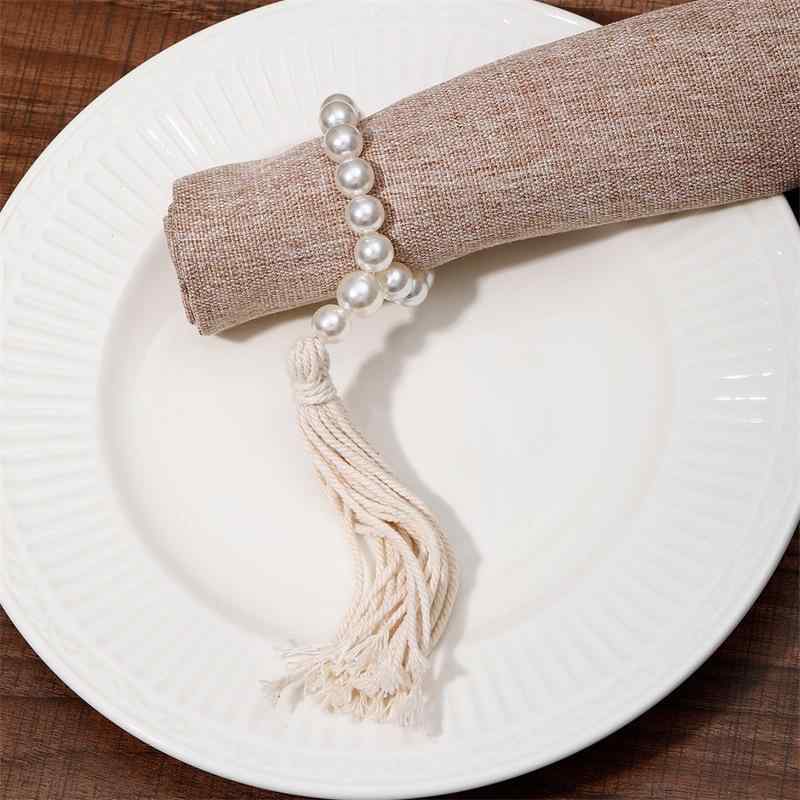 Napkins - ナプキンリング パール パール タッセル フリンジ 麻紐 リネン インテリア ホテル用 業務用 伸縮性 ナプキンホルダー ナプキンクリップ 卓上 装飾 ホワイト モダン シンプル テーブルコーディネート パーティー 高級感