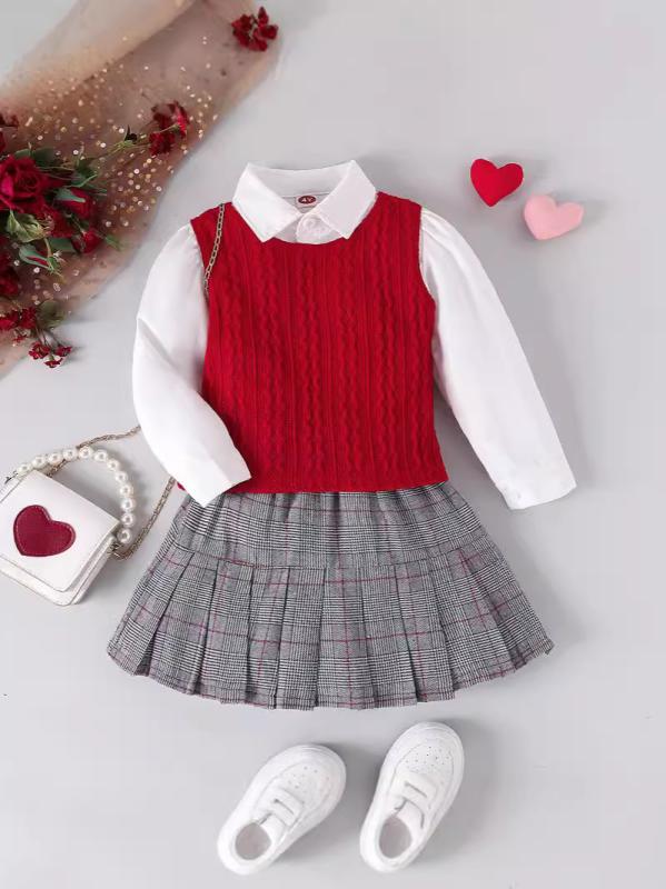 Pants Set - セットアップ 女の子 キッズ 3点セット ニットベスト 長袖シャツ プリーツスカート チェック柄 学院風 制服風 秋冬 通学 お出かけ 発表会 子供服 上下セット 100-140cm ポリエステル 柔らかい レッド