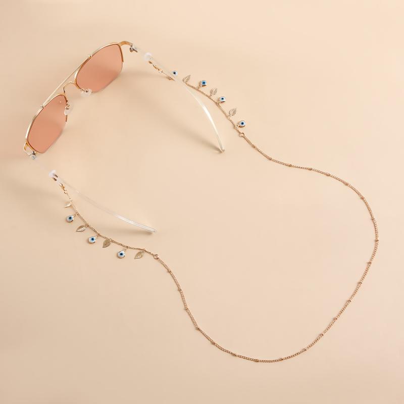 Chains - 眼鏡チェーン レディース 母の日 プレゼント マスクストラップ ネックコード 紛失防止 フェイスジュエリー ミニ デビルアイ リーフ 葉っぱ ペンダント ゴールド 金 メタル 高級感 欧米風 シンプル 通勤 普段使い 春夏 アクセサリー