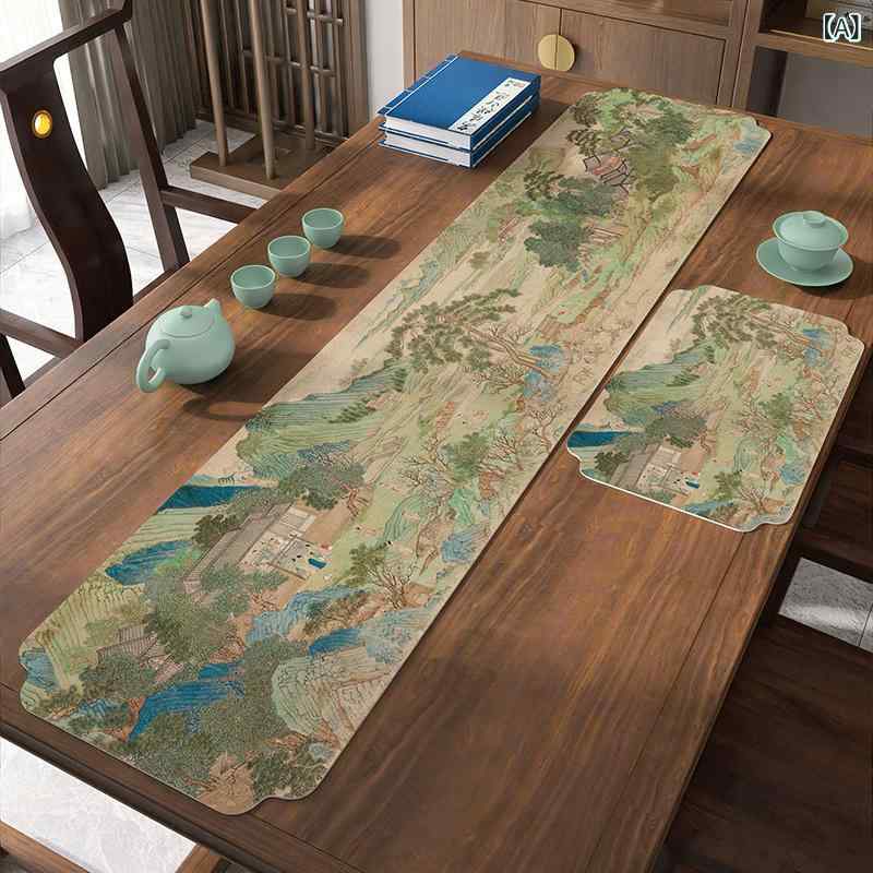 Table Runners - テーブルランナー テーブルセンター 和モダン アジアン オリエンタル 禅 合成革 PVC素材 防水 撥水 防汚 高級感 山水画 風景画 ティータイム 茶席 飾り インテリア ダイニング オールシーズン