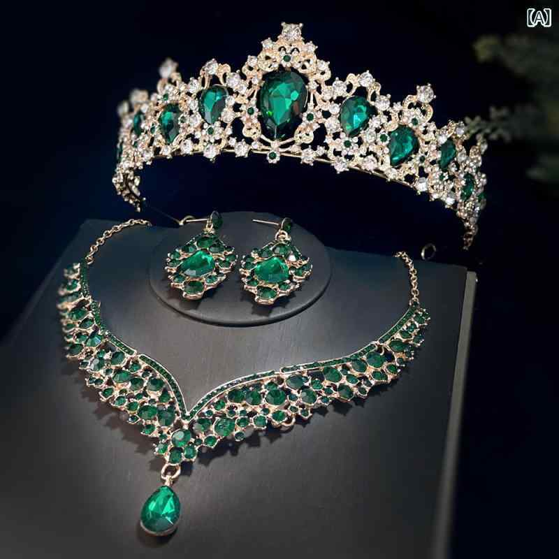 フロントップ楽天市場店のティアラ レディース 3点セット ネックレス ピアス ブライダル 結婚式 パーティー 披露宴 花嫁 王冠 ハート ジルコニア クリスタル 電気メッキ加工 シルバー 高級感 エレガント 華やか グリーン レッド ブルー｜アングル2