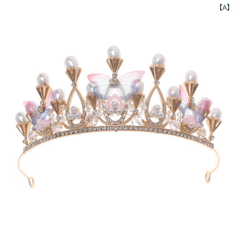 カチューシャ キッズ 女の子 ティアラ クラウン 冠 髪飾り ヘアアクセサリー 蝶 ラインストーン パール 合金 電気メッキ加工 キラキラ ゴージャス かわいい カラフル 春夏 発表会 結婚式 金 銀 2