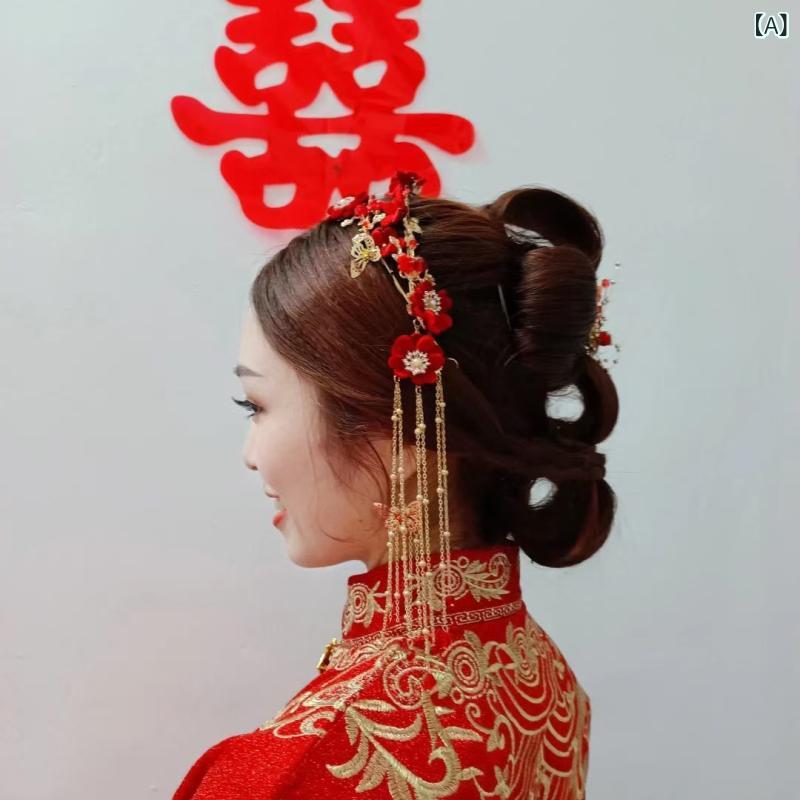 フロントップ楽天市場店の髪飾り レディース ヘッドドレス ヘアアクセサリー 赤 ブライダル 花嫁 結婚式 披露宴 パーティー カチューシャ ピアス セット 合金 電気メッキ加工 フラワー 花モチーフ ヴィンテージ風 中国風 華やか まとめ髪｜アングル2