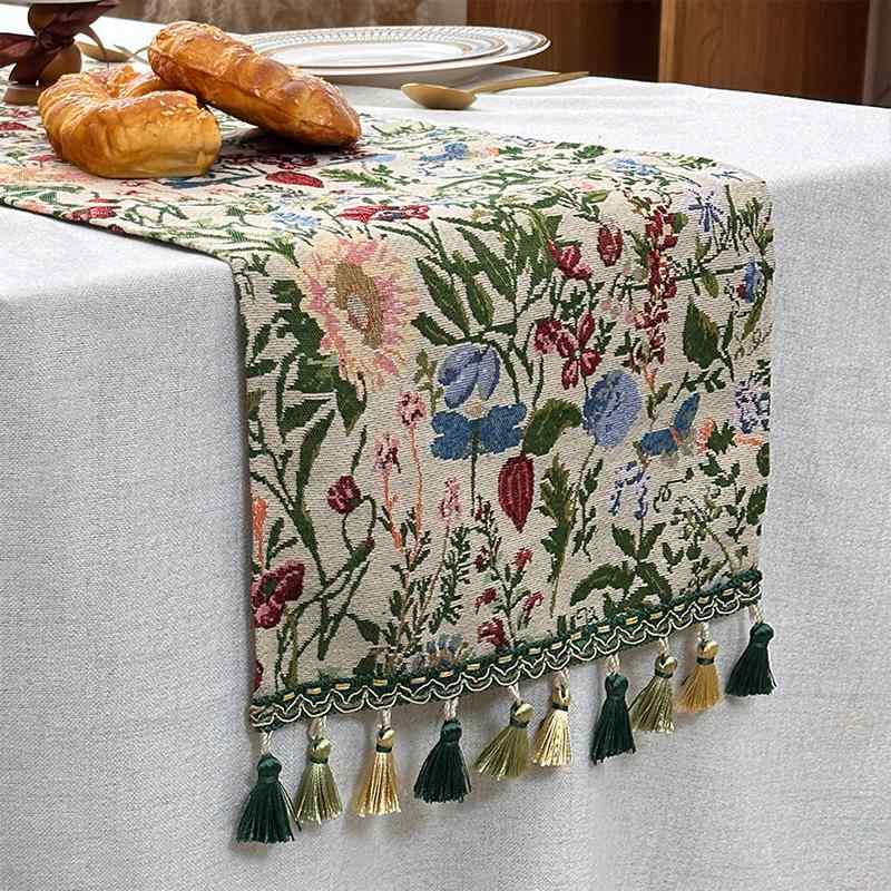 Table Runners - テーブルランナー アメリカン ヴィンテージ風 レトロ 高級感 ジャガード 織物 花柄 植物柄 ボタニカル リビング ダイニング キッチン インテリア デコレーション 布製 ポリエステル ロング 長方形 おしゃれ かわいい 上品 華やか 模様替え オールシ