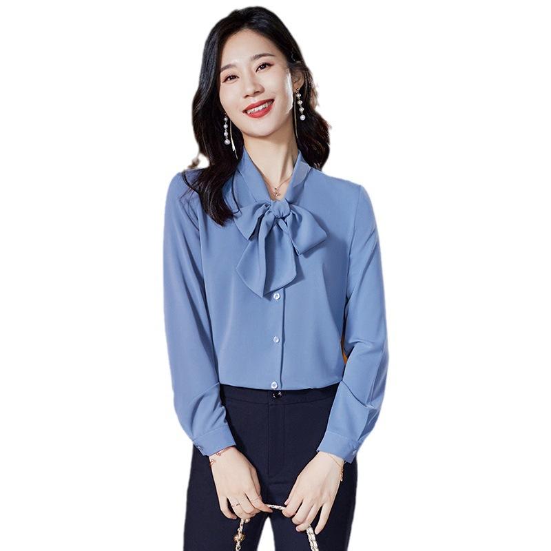 乐天商城 - セットアップ レディース ブラウス シャツ パンツ 秋冬 通勤 オフィス 事務服 長袖 Vネック サテン 光沢 高級感 襟 ボウタイ リボン ボタン スリム 白 青 ポリエステル フォーマル インナー