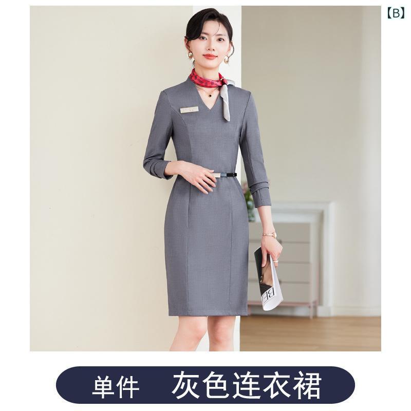 ワンピース レディース 長袖 Vネック 事務服 仕事用 接客 通勤 きれいめ ミモレ 無地 ファスナー ポリエステル ビスコース 秋冬 赤 グレー ブルー 上品 オフィス エレガント ペンシルスカート スリム 膝下丈 清楚 大人 高級感 タイト frontop-13358503 フロントップ楽天市場店 サンプル画像3