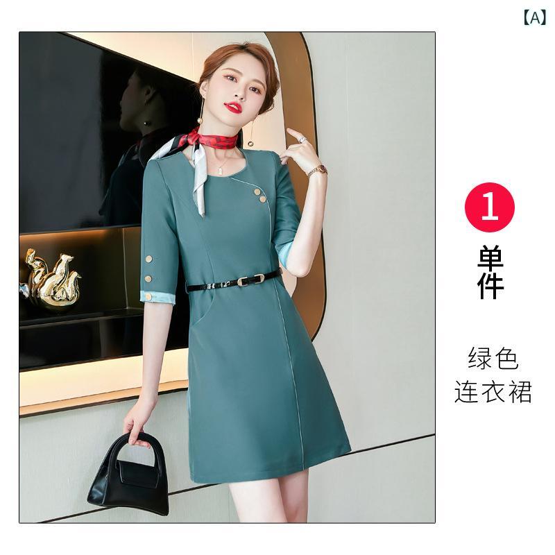 ワンピース レディース 事務服 接客 ホテル 春秋 五分袖 七分袖 きれいめ 上品 制...