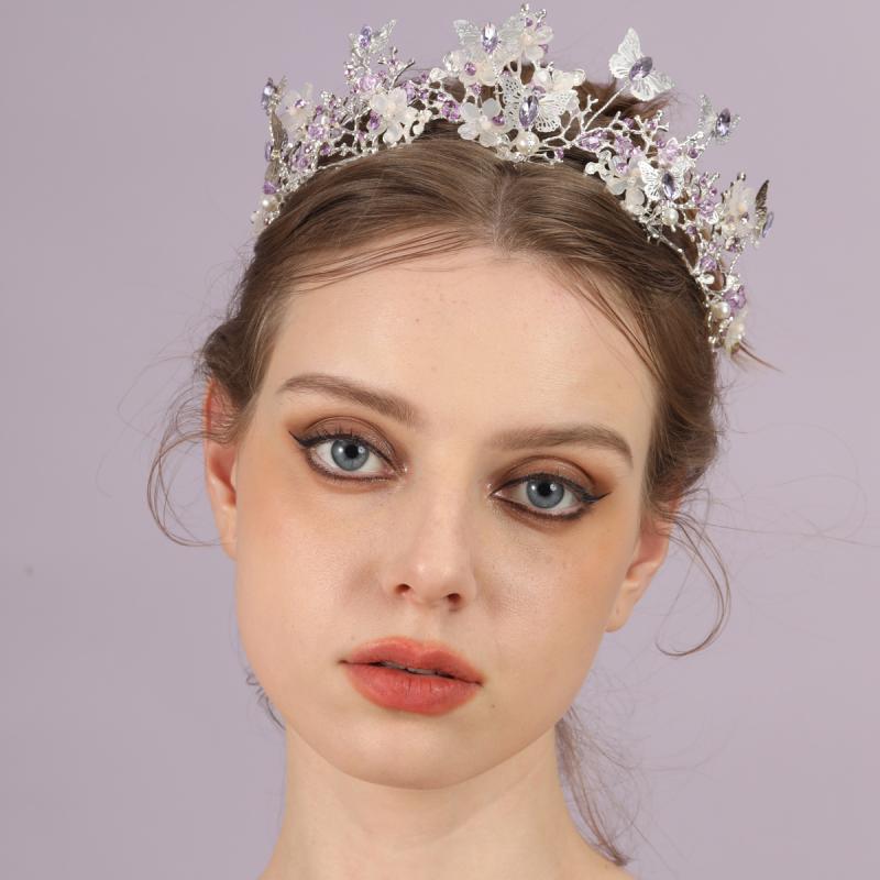 乐天商城 - ティアラ レディース クラウン ヘッドドレス ヘアアクセサリー 髪飾り ウェディング ブライダル 結婚式 花嫁 ラインストーン クリスタル ビジュー バタフライ 蝶 合金 高級感 電気メッキ加工 ゴールド シルバー パープル