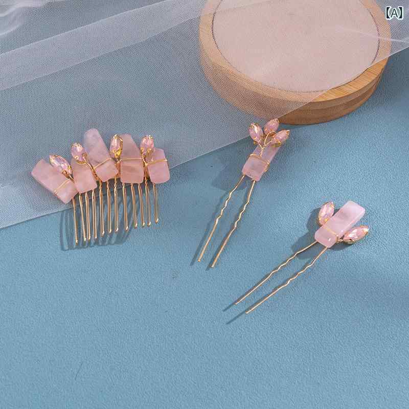 フロントップ楽天市場店のヘアアクセサリー レディース かんざし コーム セット 髪飾り 天然石 ラインストーン ビジュー ハンドメイド 欧米風 不規則 ウェーブ ワイヤー 結婚式 パーティー 誕生日 ピンク 華やか エレガント 高級感｜アングル2