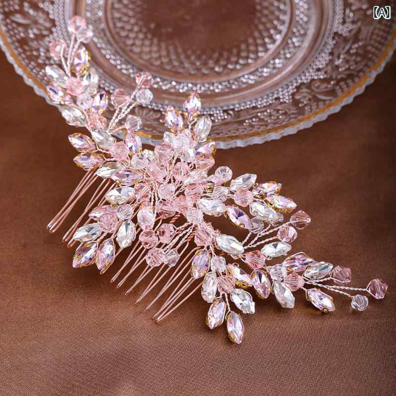 ヘアコーム レディース アクセサリー ブライダル ウェディング 花嫁 結婚式 披露宴 二次会 サイド用 ハンドメイド ラインストーン ビジュー ビーズ クリスタル リーフモチーフ 葉 髪飾り 華やか エレガント 発表会 成人式 ピンク シルバー 2